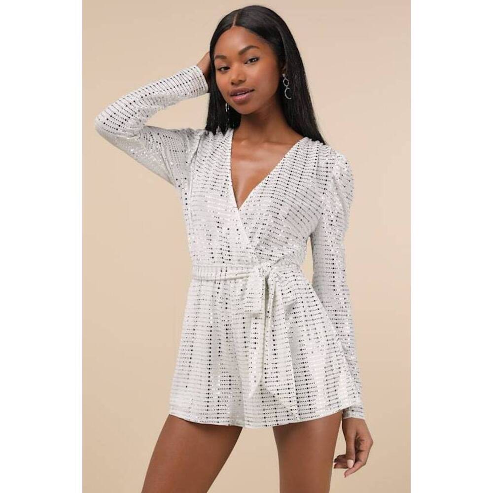 Lulus Bettie White Metallic Long Sleeve Romper - Size XL